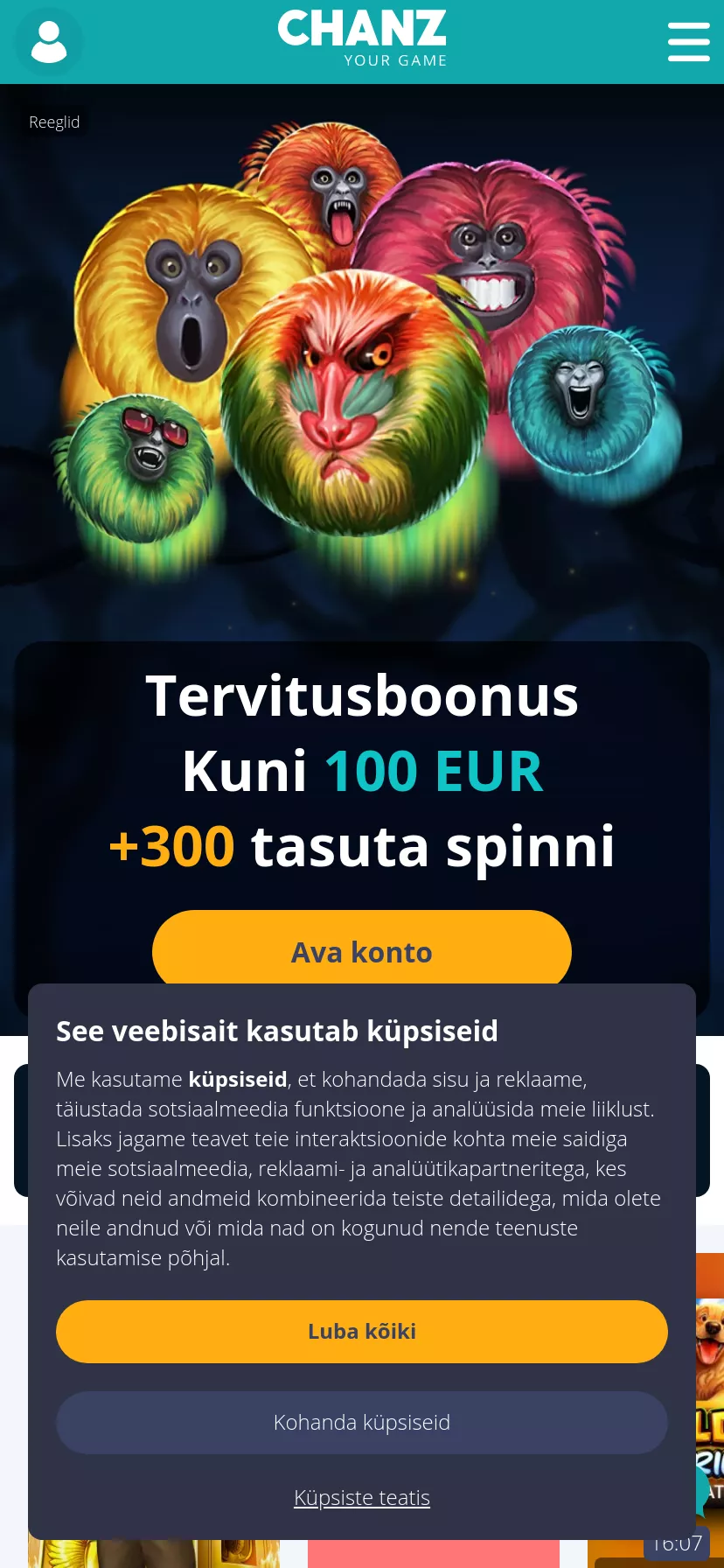 Mobile screen. Chanz Up to €100 + 300 FS