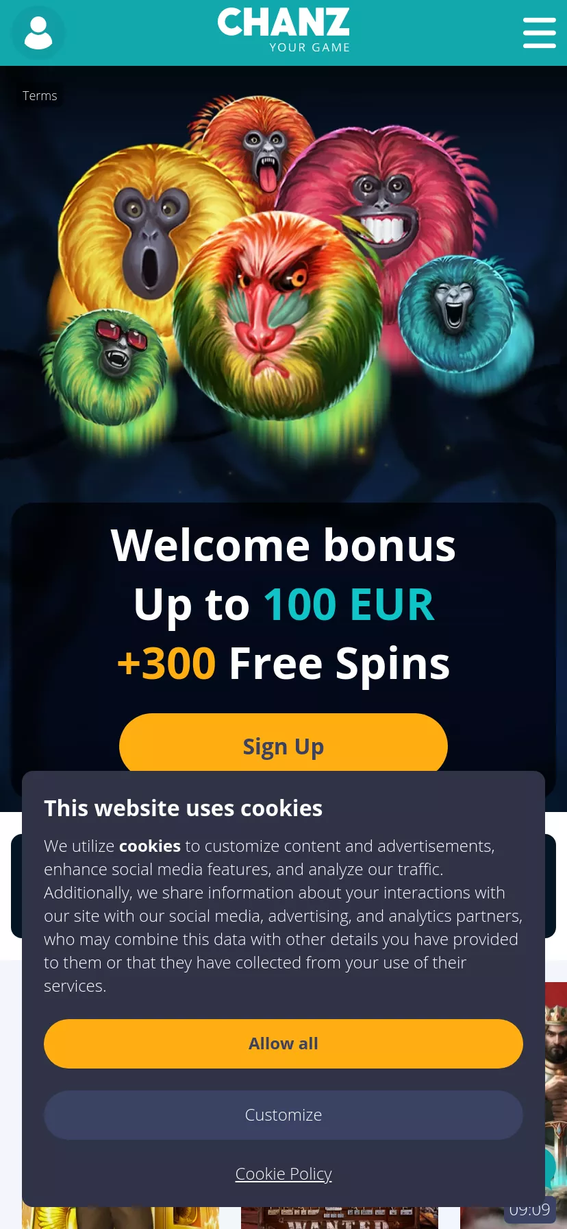 Mobile screen. Chanz Up to $100 + 300 FS