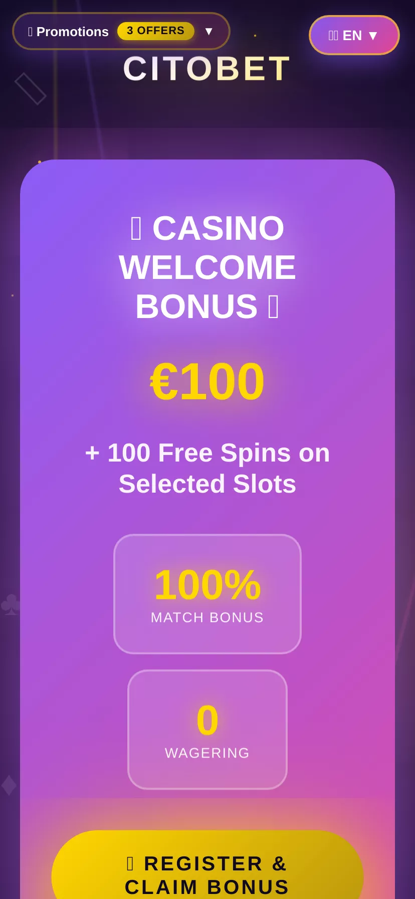 Mobile screen. CitoBet Casino 100% up to $100