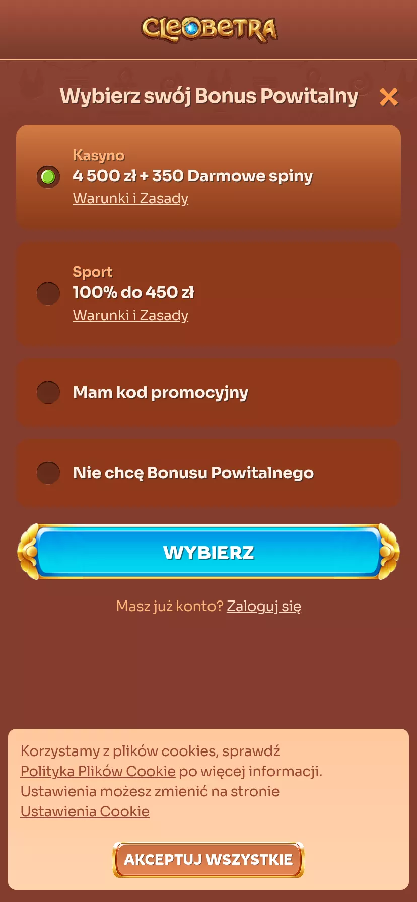 Mobile screen. Cleobetra Up to zł4500 + 350 FS