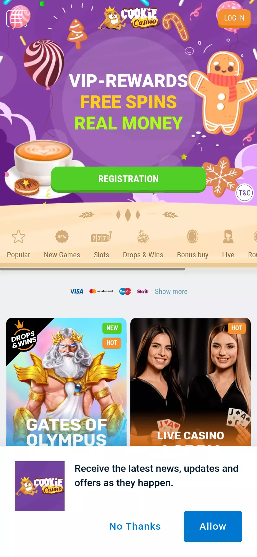 Mobile screen. Cookie Casino Up to C$300 + 220 FS