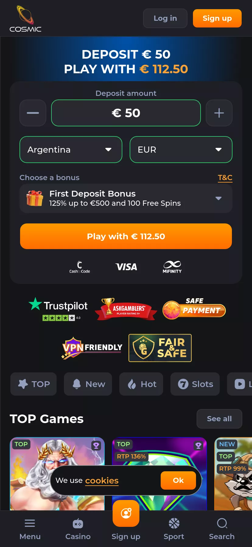 Mobile screen. CosmicSlot Casino Up to $2750 + 250 FS