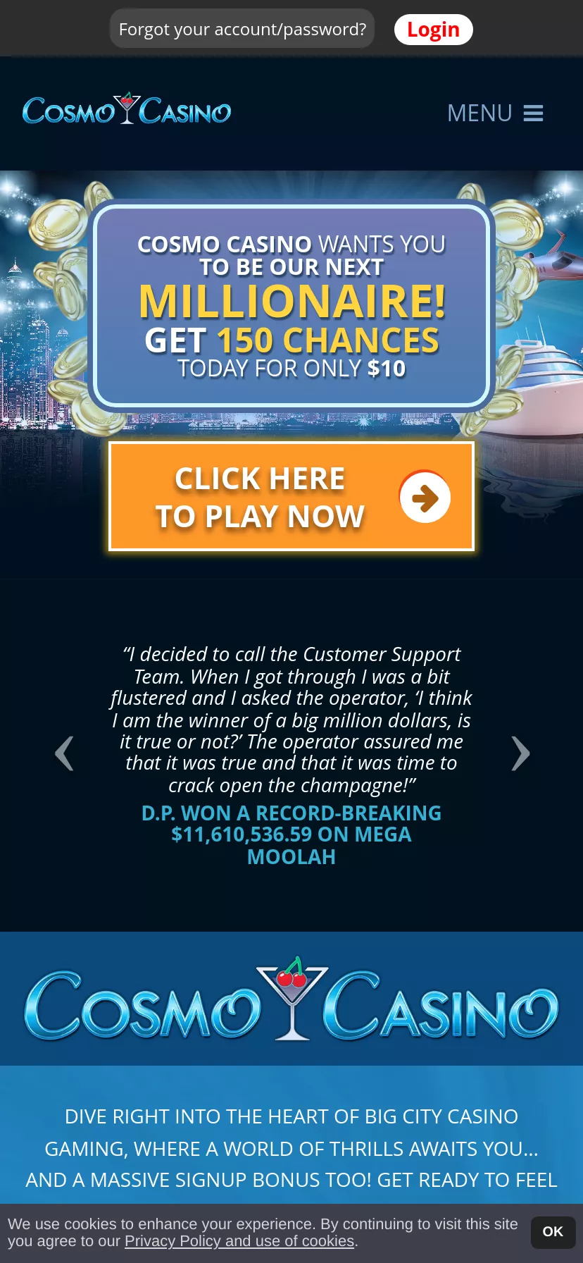 Mobile screen. Cosmo Casino Up to $250 + 150 FS