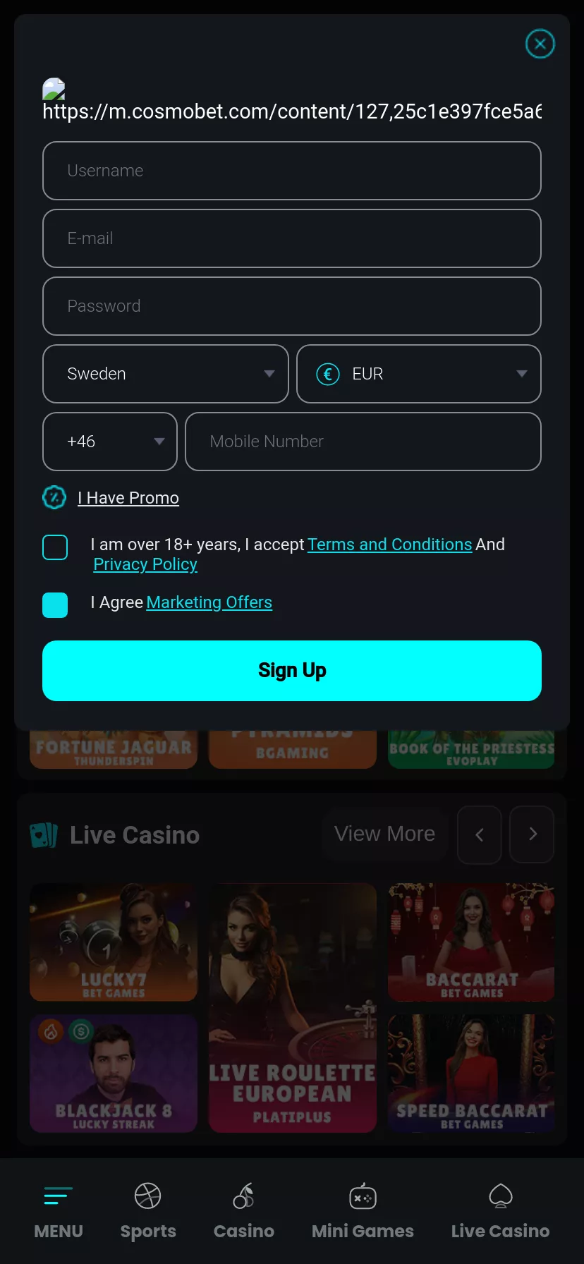 Mobile screen. Cosmobet Up to €2000 + 1000 FS
