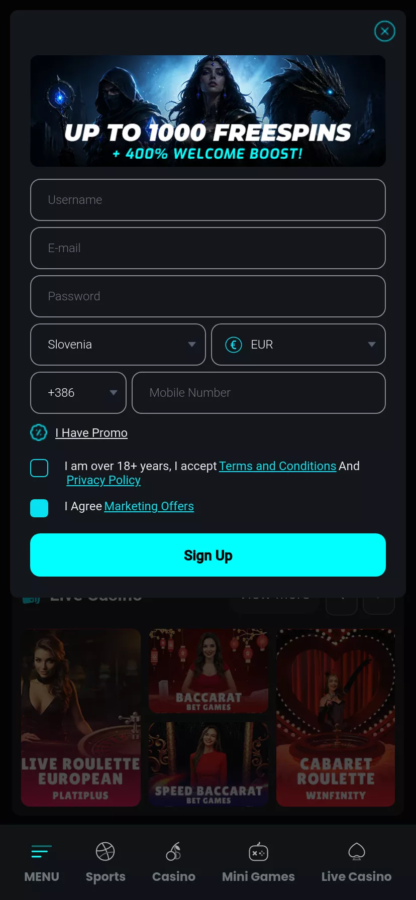 Mobile screen. Cosmobet Up to €2000 + 1000 FS