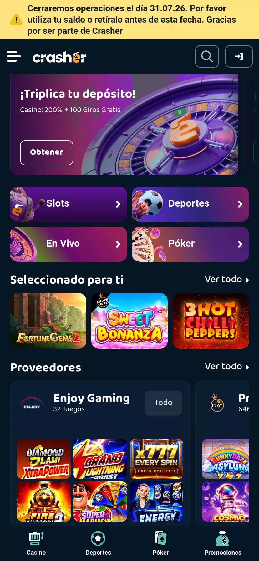 Mobile screen. Crasher Cashback Semanal del 7% hasta MX$3000