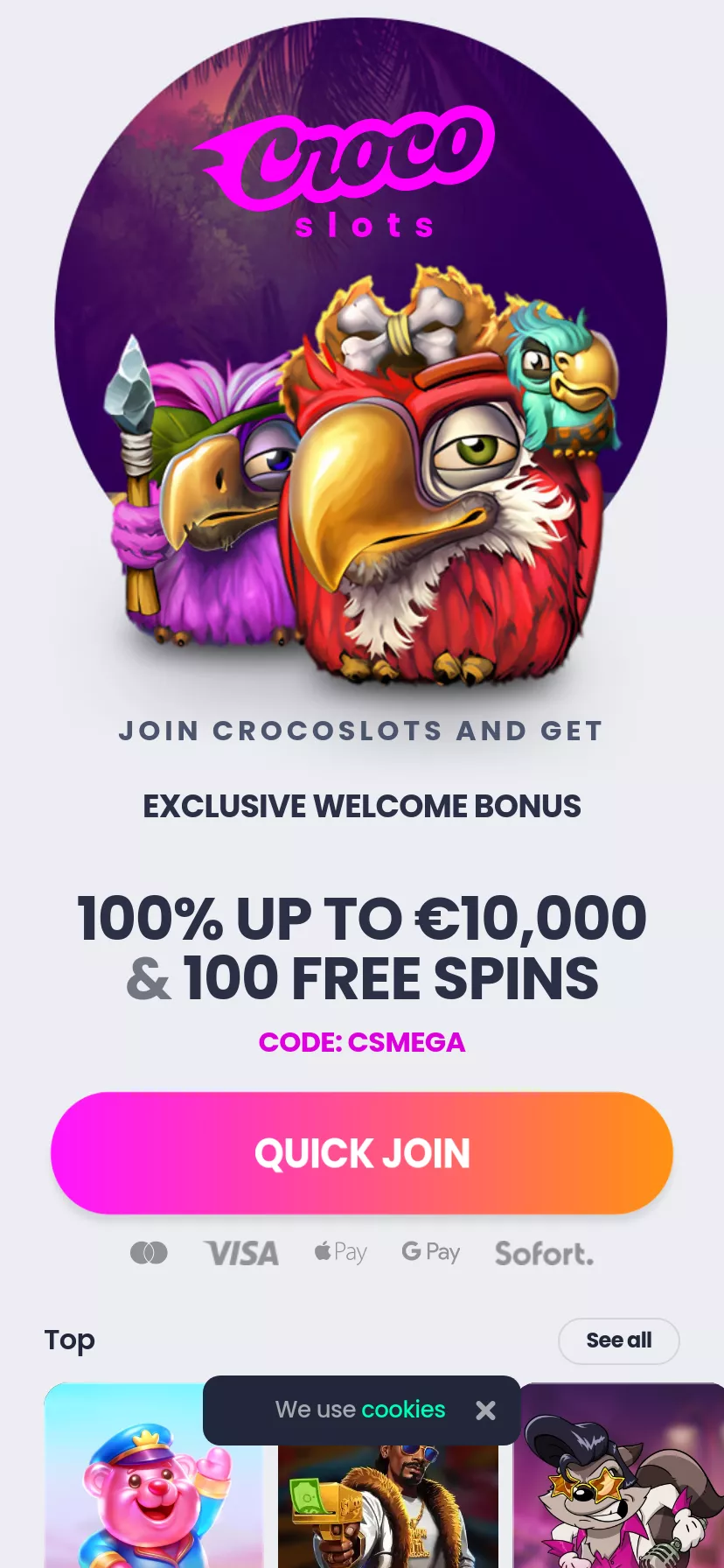 Mobile screen. Crocoslots 100% up to $10000 + 100 FS + $5 Free Chips on registration