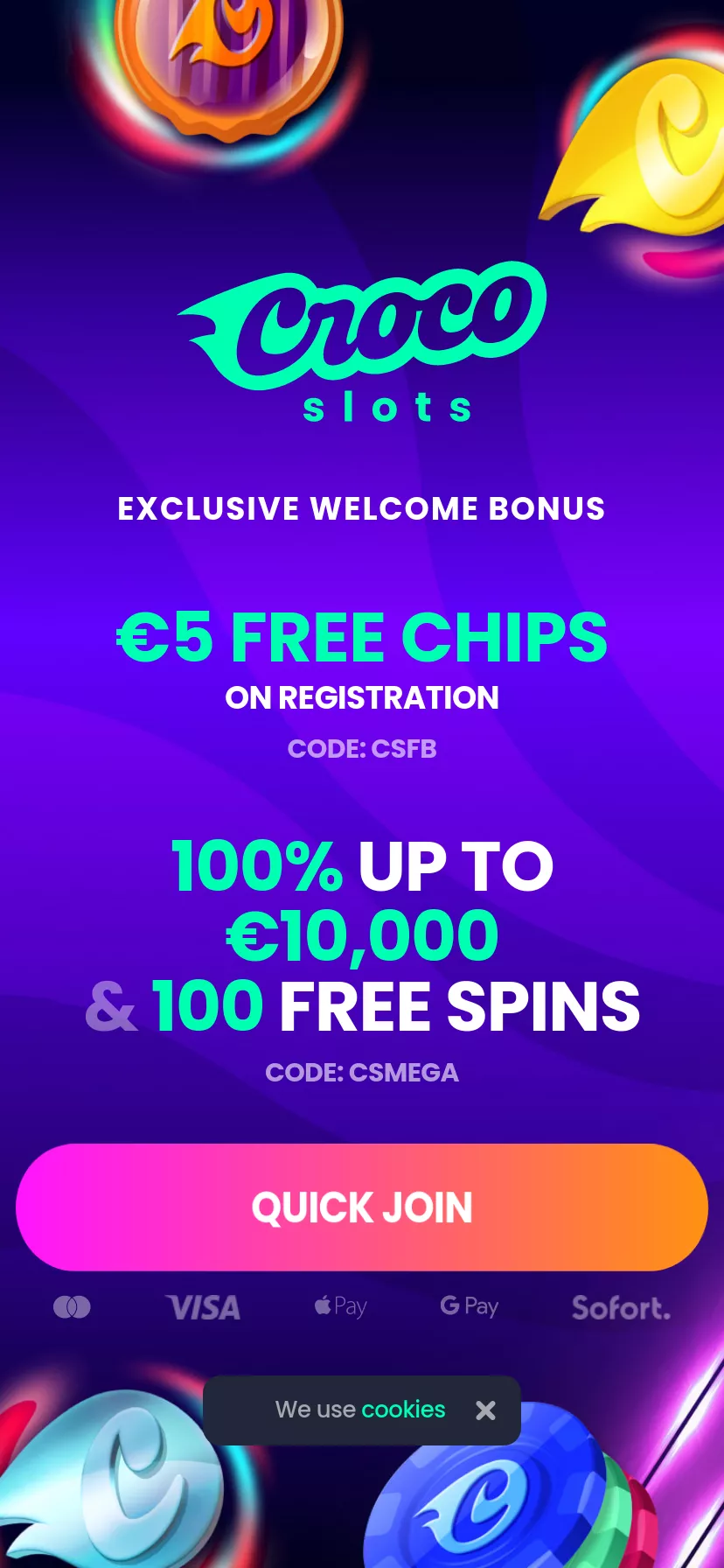 Mobile screen. Crocoslots Get $5 Free Chips