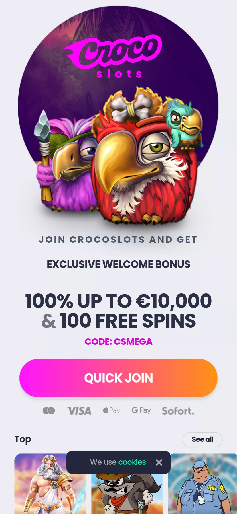Mobile screen. Crocoslots 100% up to $1000 + 100 FS
