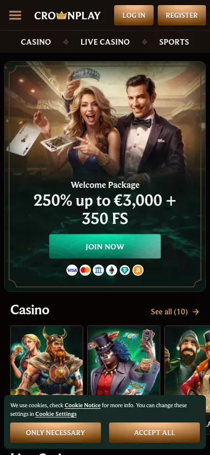 Mobile screen. CrownPlay Casino Up to $3000 + 350 FS + 1 Bonus Crab
