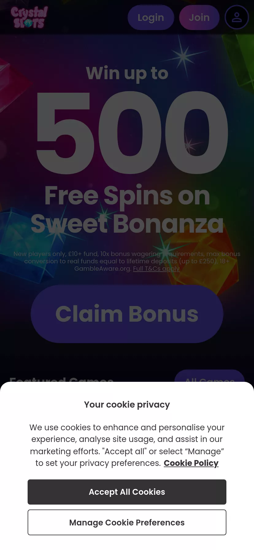 Mobile screen. Crystal Slots Get up to 1000% up to $1000