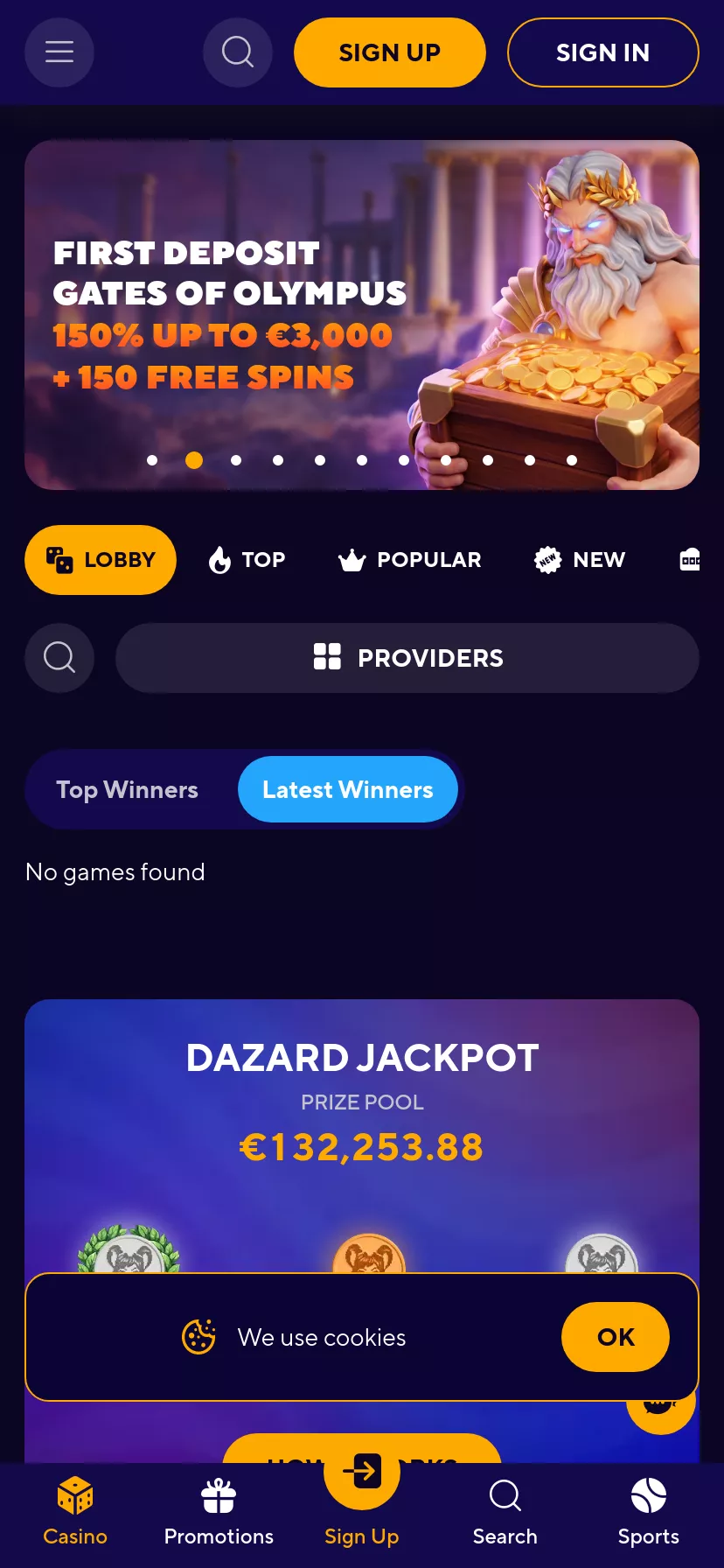 Mobile screen. Dazard Casino Up to $5250 + 325 FS