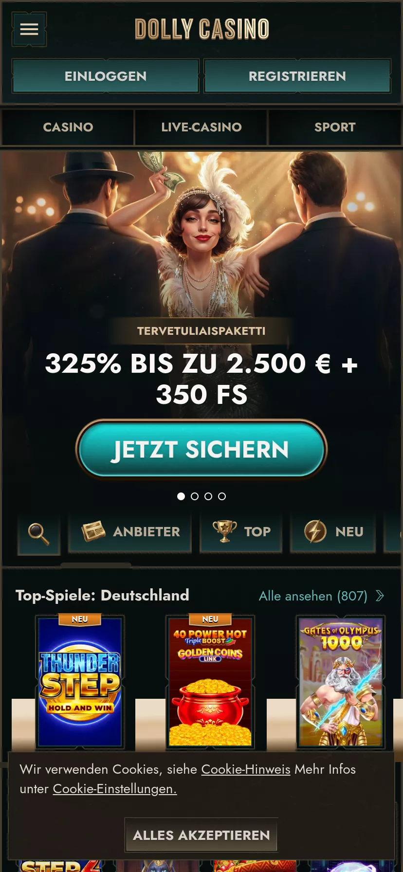 Mobile screen. Dolly Casino Up to $2500 + 350 FS