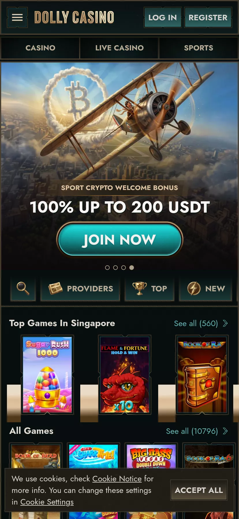 Mobile screen. Dolly Casino Up to $2500 + 350 FS