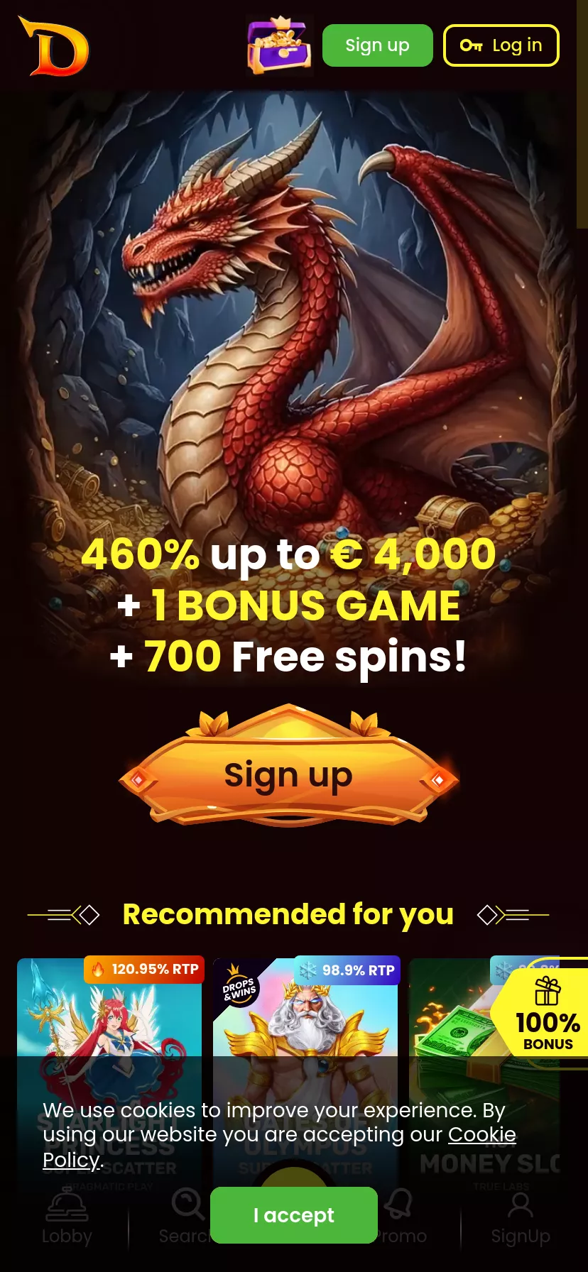 Mobile screen. DragonSlots Up to C$10500 + 650 FS
