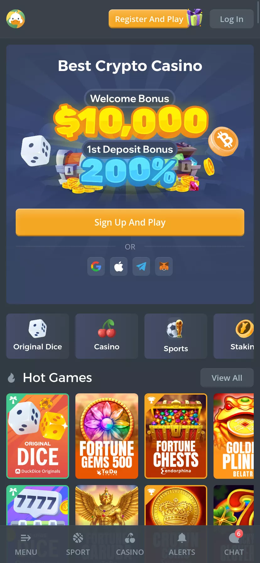Mobile screen. Duckdice Até ₮10000
