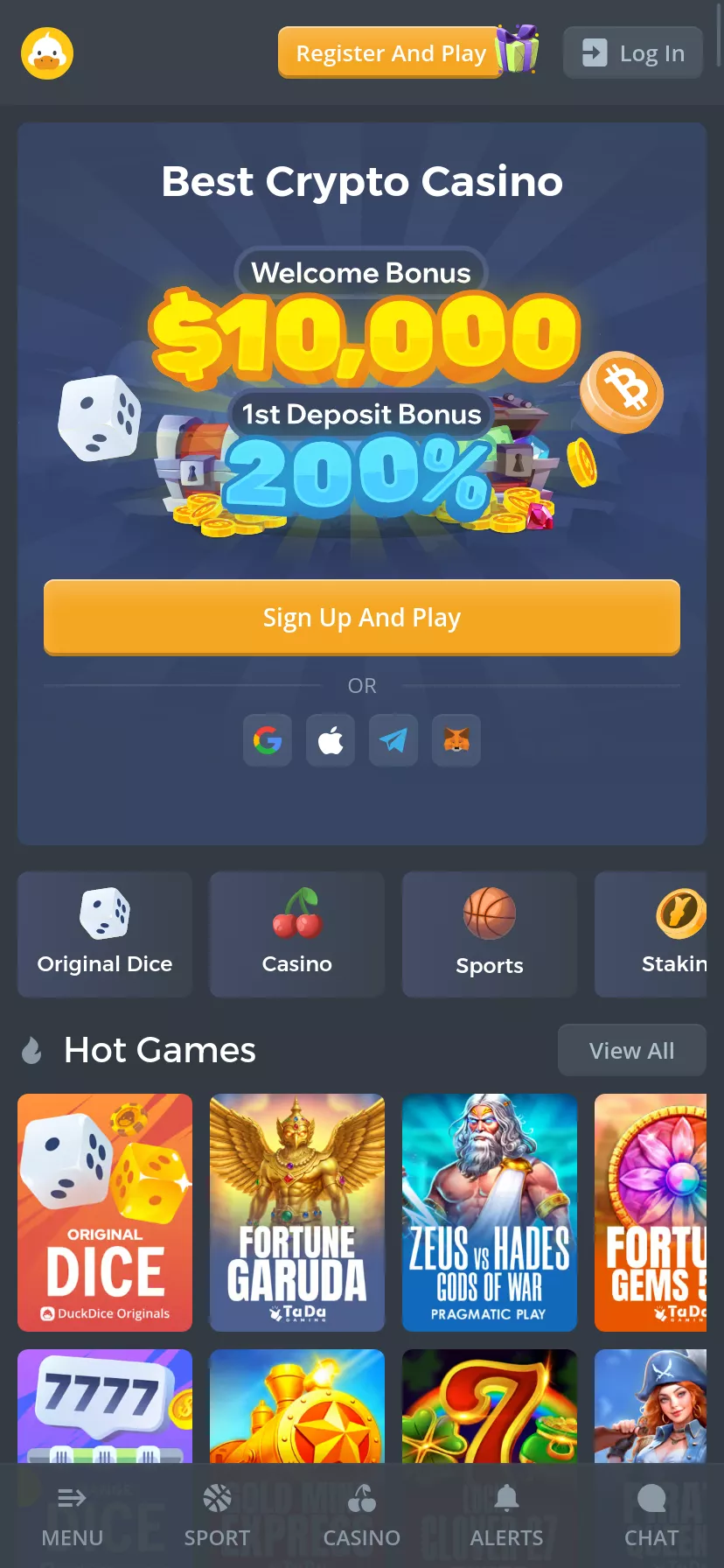 Mobile screen. Duckdice Up to ₮10000