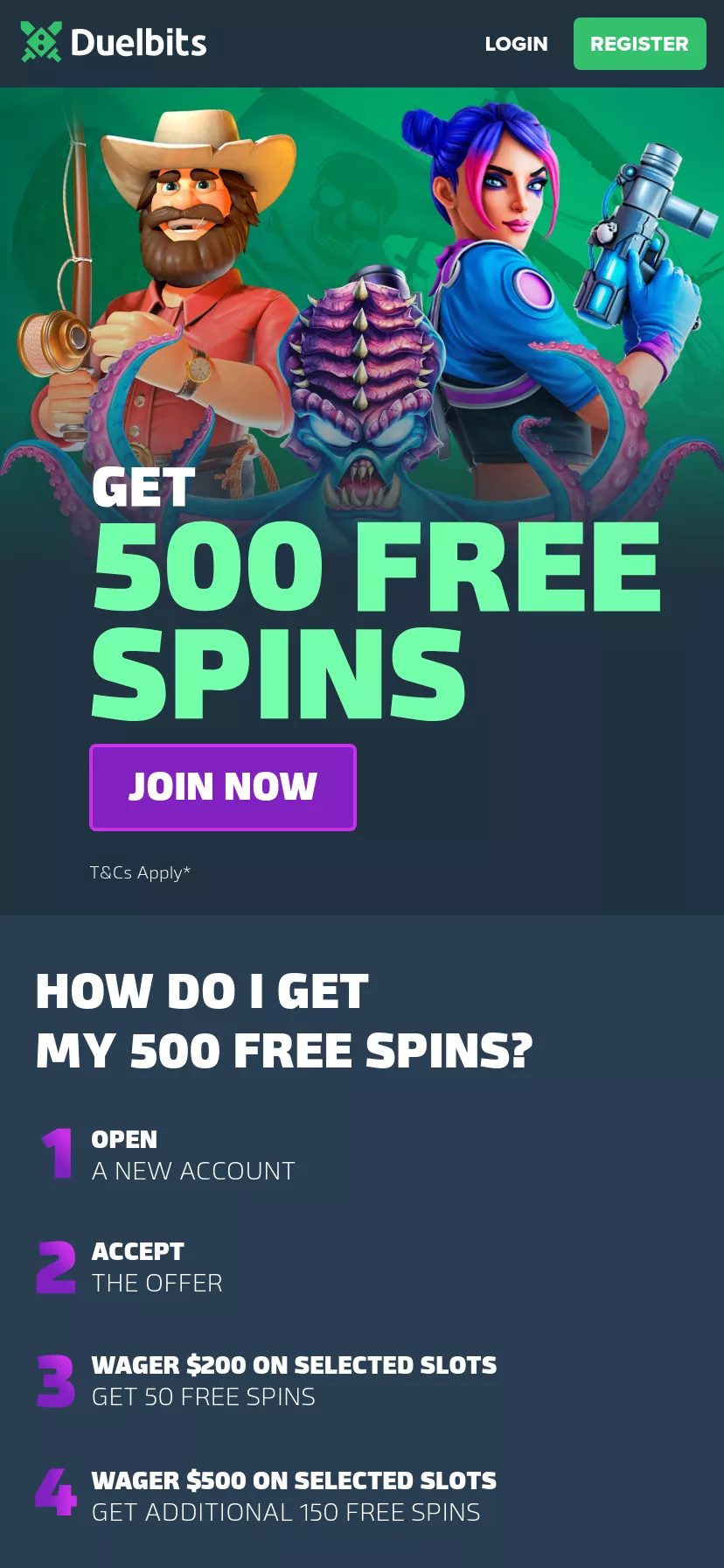 Mobile screen. Casino Duelbits Up to 500 Free Spins