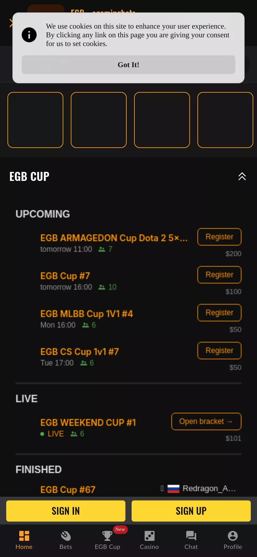 Mobile screen. EGB.com Casino 100% up to $200