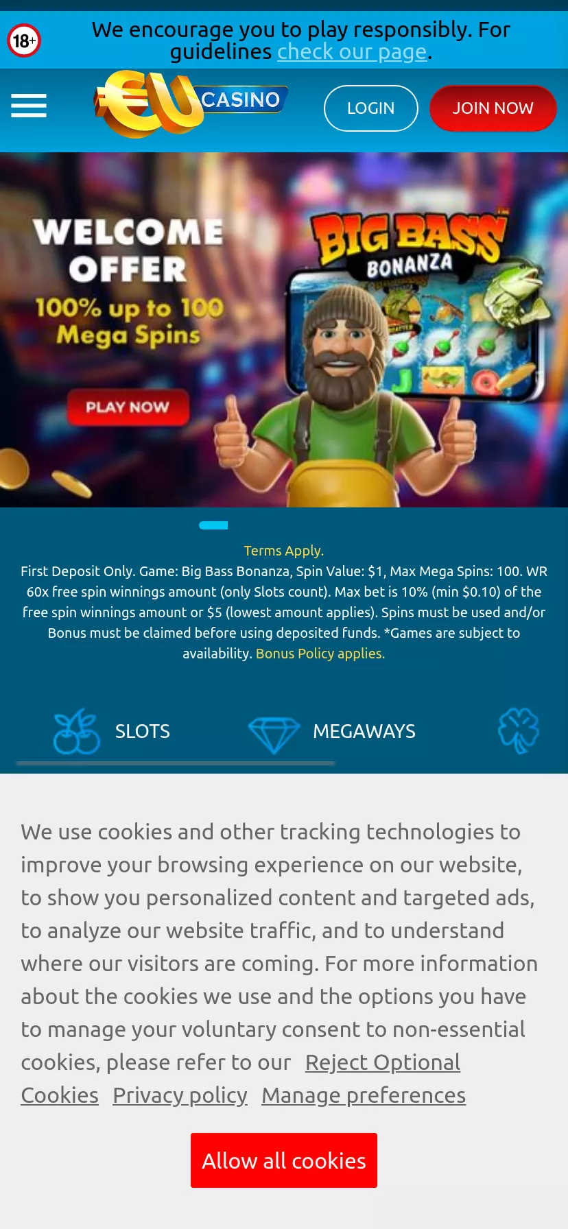 Mobile screen. EU Casino Get 100 FS