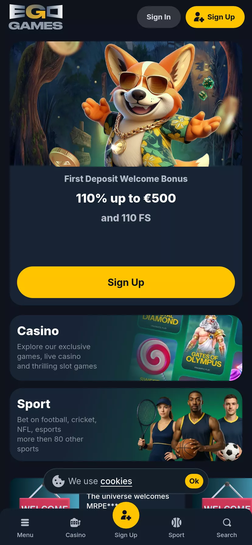 Mobile screen. Ego Games Get 50 FS