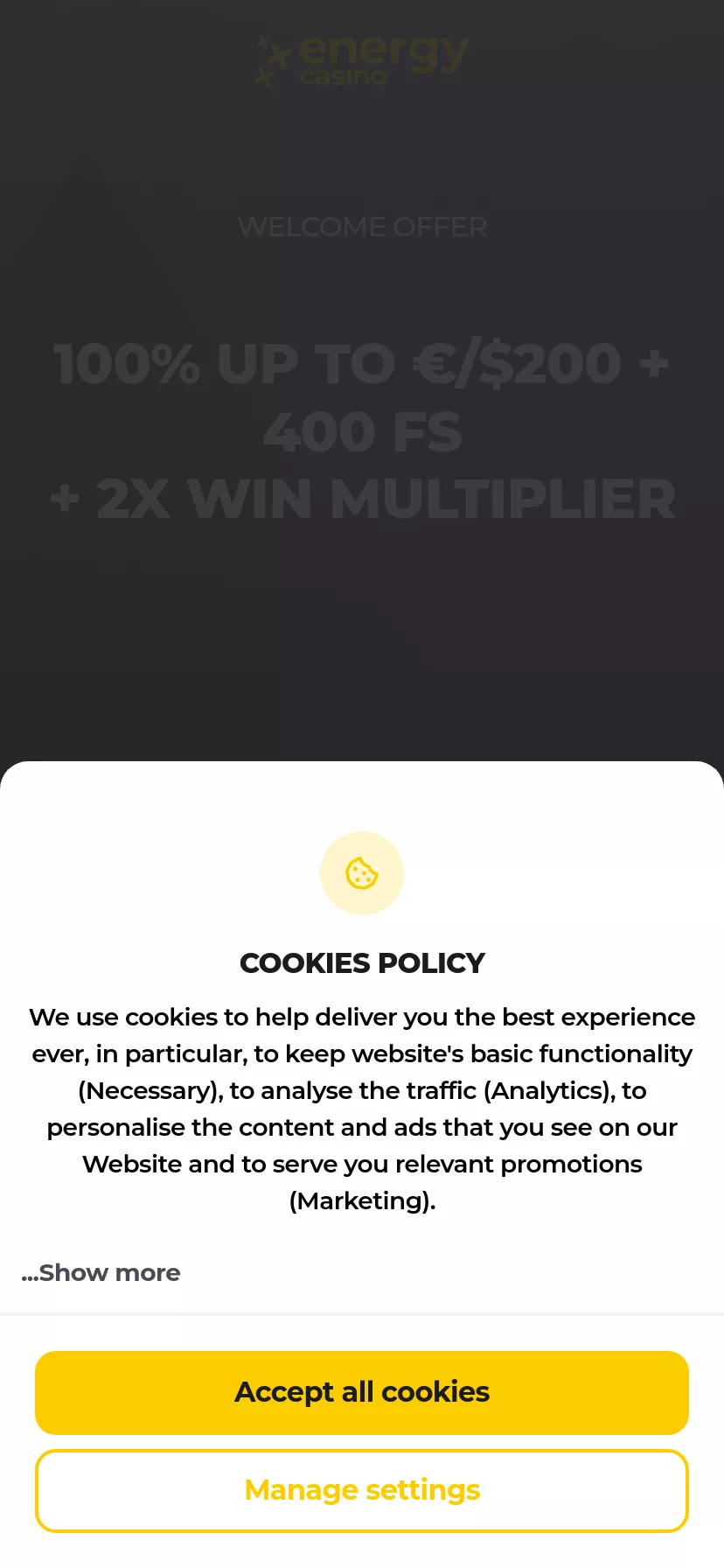 Mobile screen. Energy Casino 100% up to $200 + 400 FS