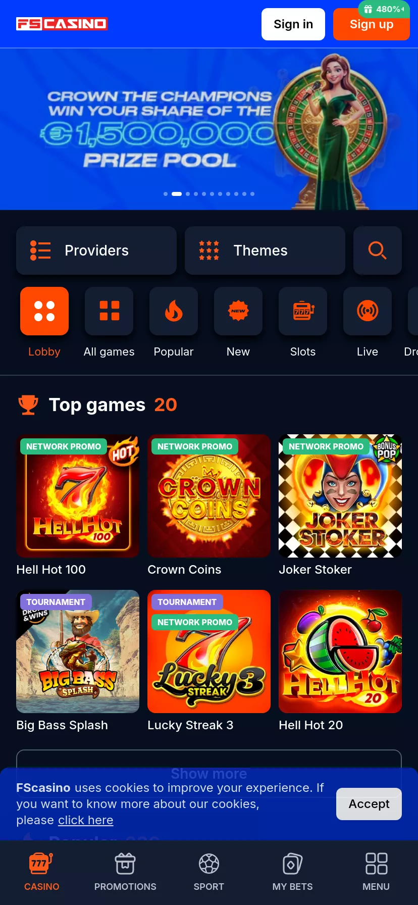 Mobile screen. FS Casino Up to $1000 + 400 FS