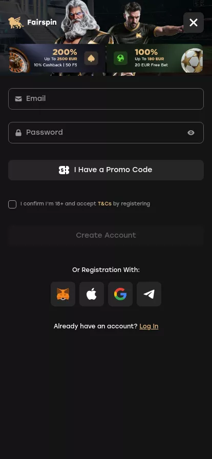 Mobile screen. Fairspin Până la €10000 + 200 FS