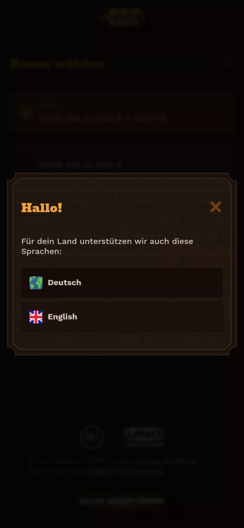 Mobile screen. FatPirate Casino 100% up to €500 + 200 FS