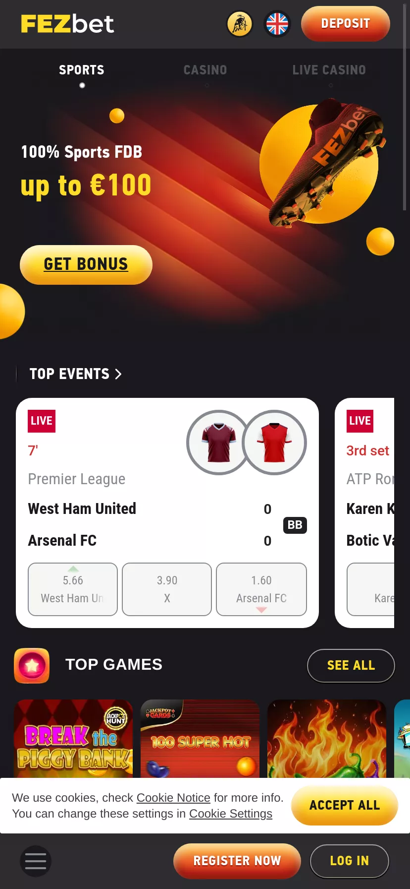 Mobile screen. FezBet 100% up to $500 + 200FS + 1 Bonus Crab
