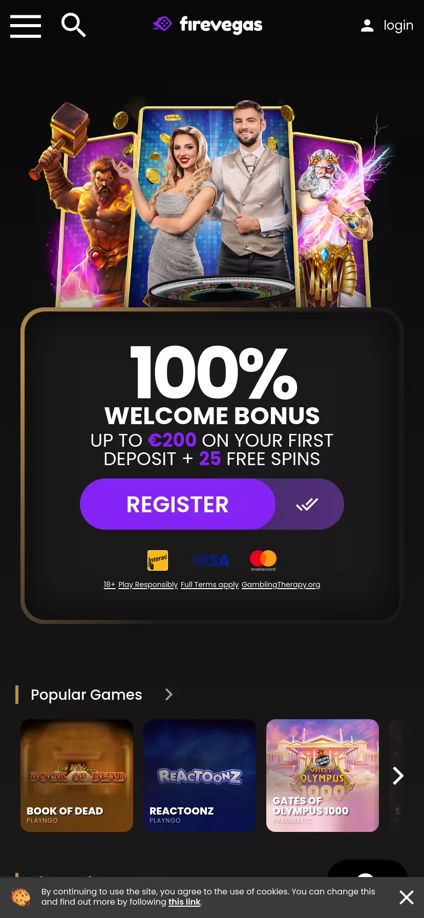 Mobile screen. Firevegas Casino Up to $1000 + 100 FS