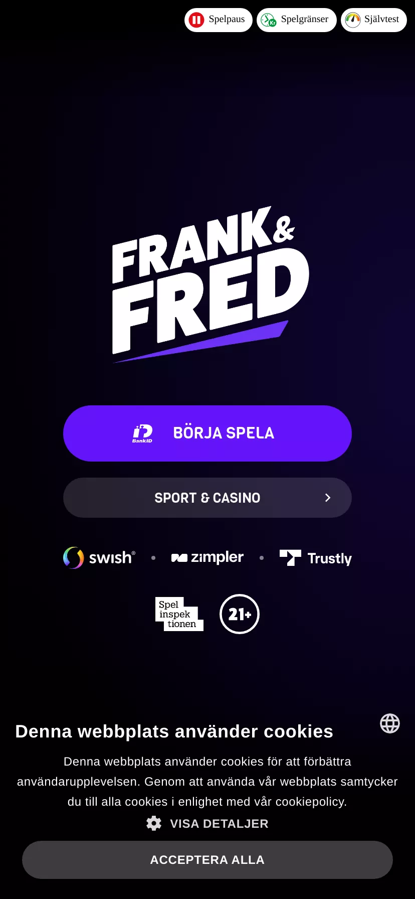 Mobile screen. Frank & Fred 100% up to €100 + 77 FS