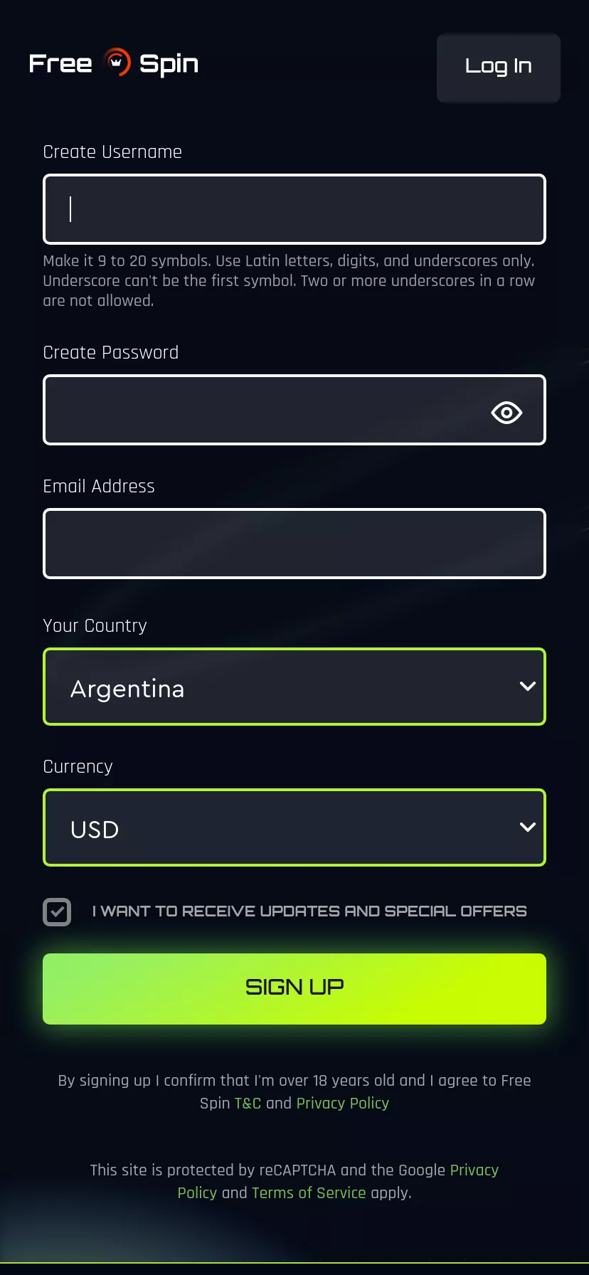 Mobile screen. Free Spin 250% up to $6000