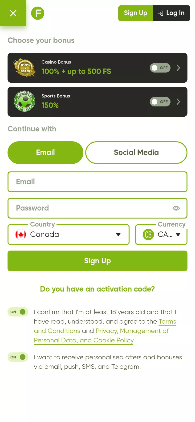 Mobile screen. FRESH Casino Get 50 FS