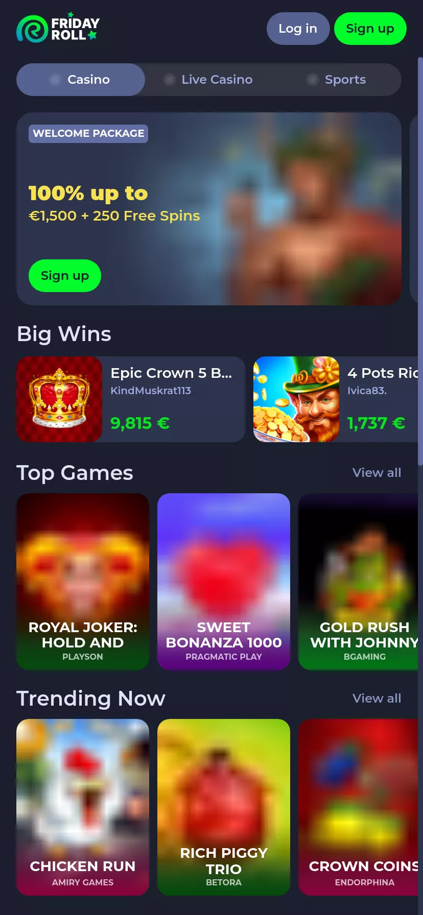 Mobile screen. FridayRoll Up to $1500 + 250 FS