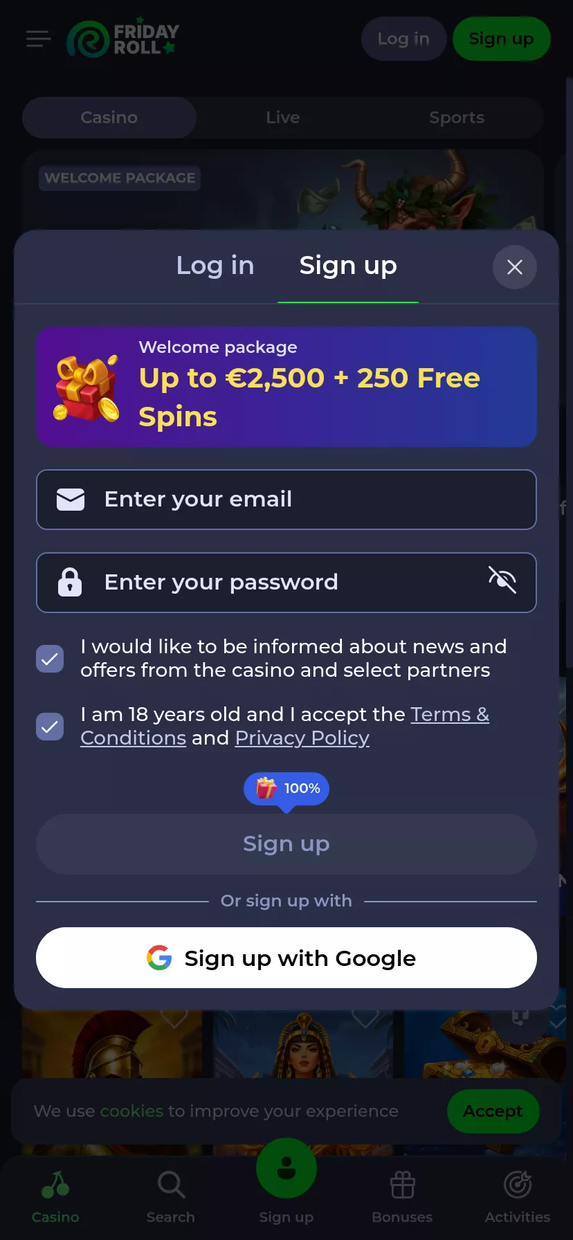 Mobile screen. FridayRoll Up to €1500 + 250 FS