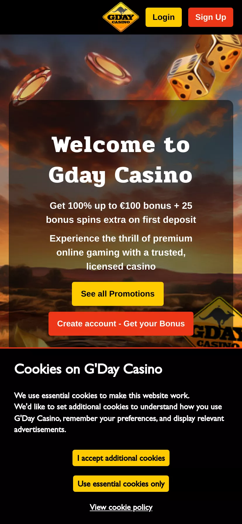 Mobile screen. GDay Casino Up to $500 + 50 FS