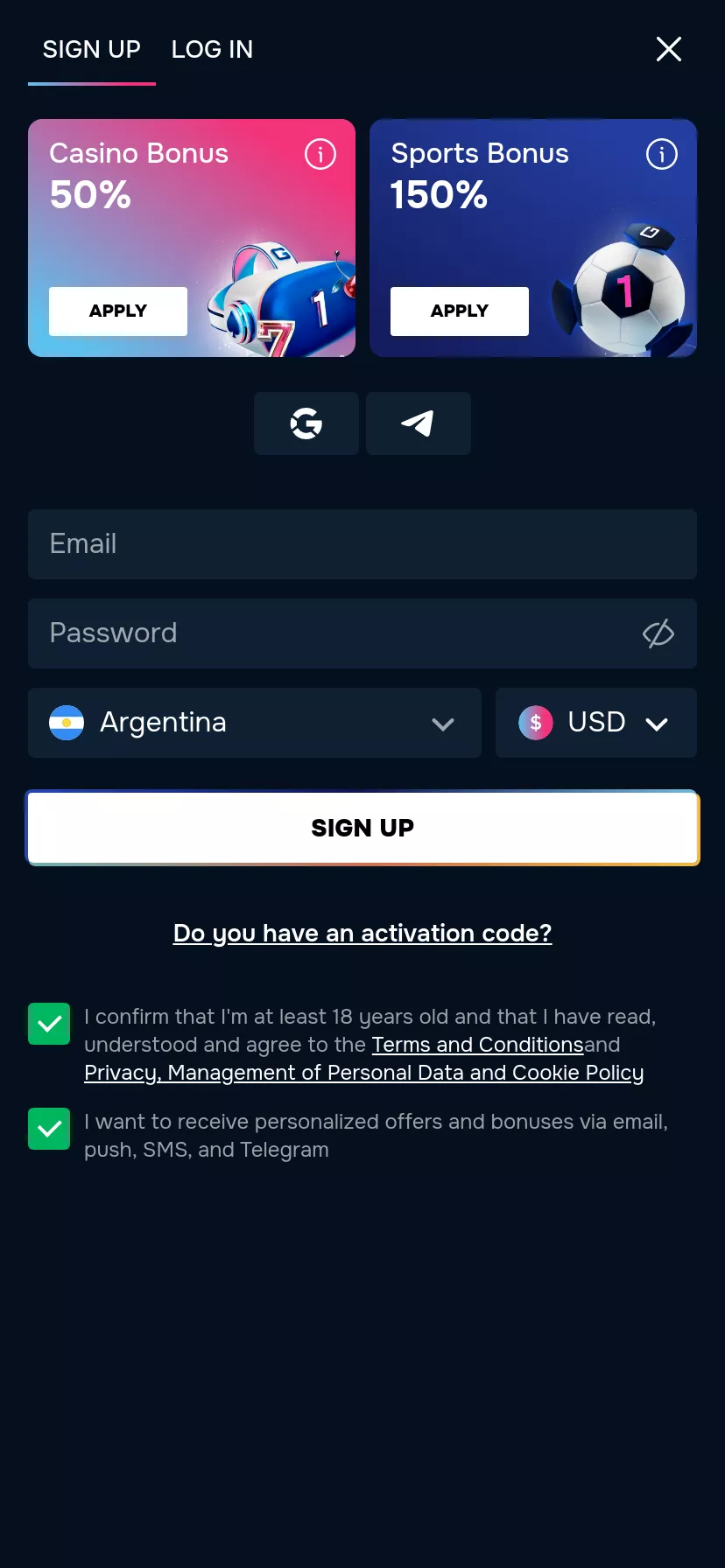 Mobile screen. GIZBO Casino 50% up to $300