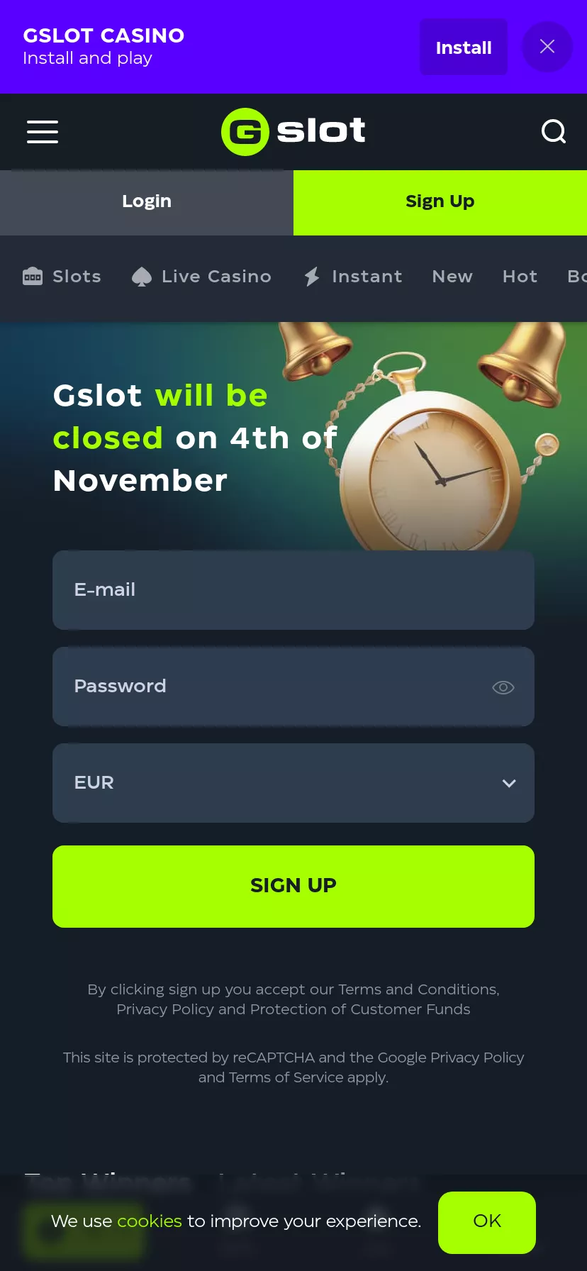 Mobile screen. Gslot Up to $1500 + 200 FS