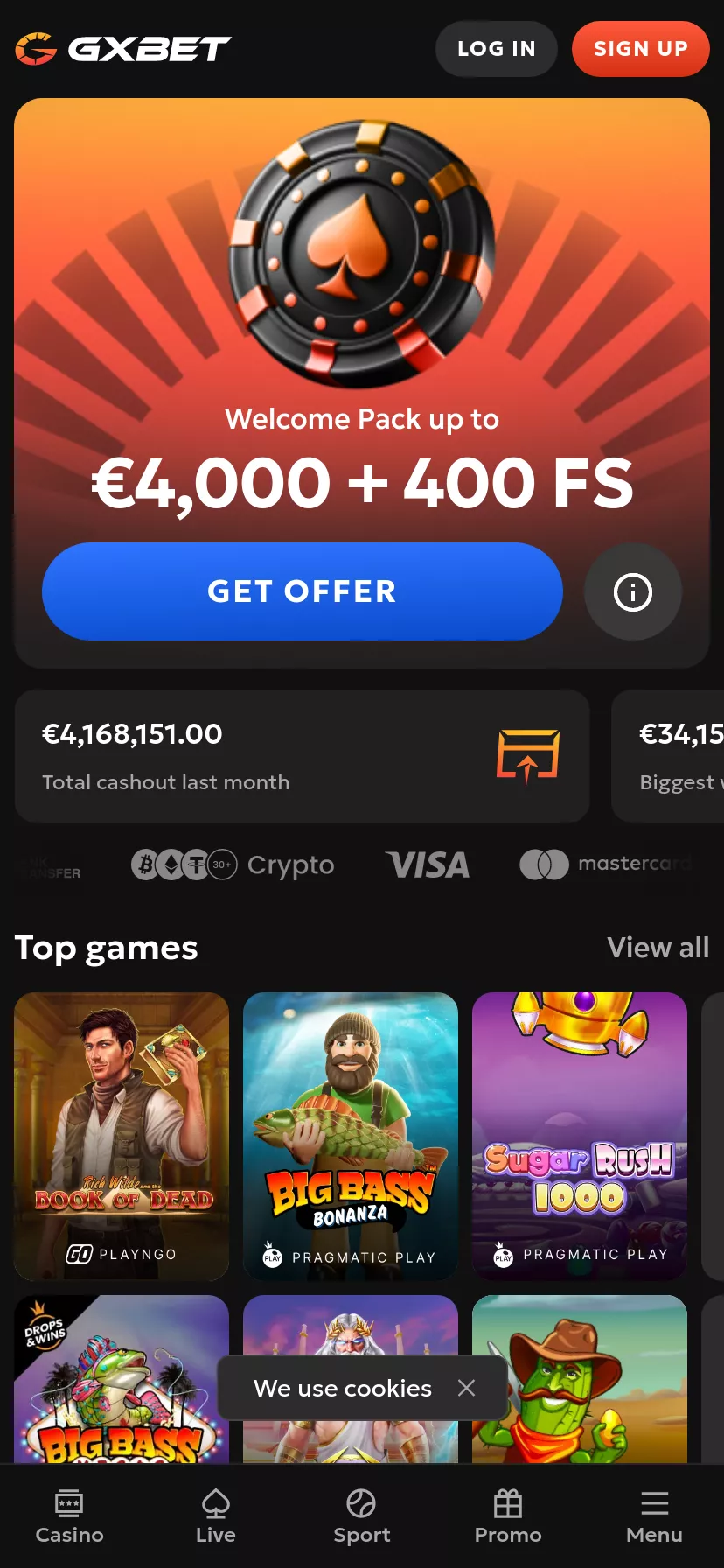 Mobile screen. GXbet Up to $4000 + 400 FS