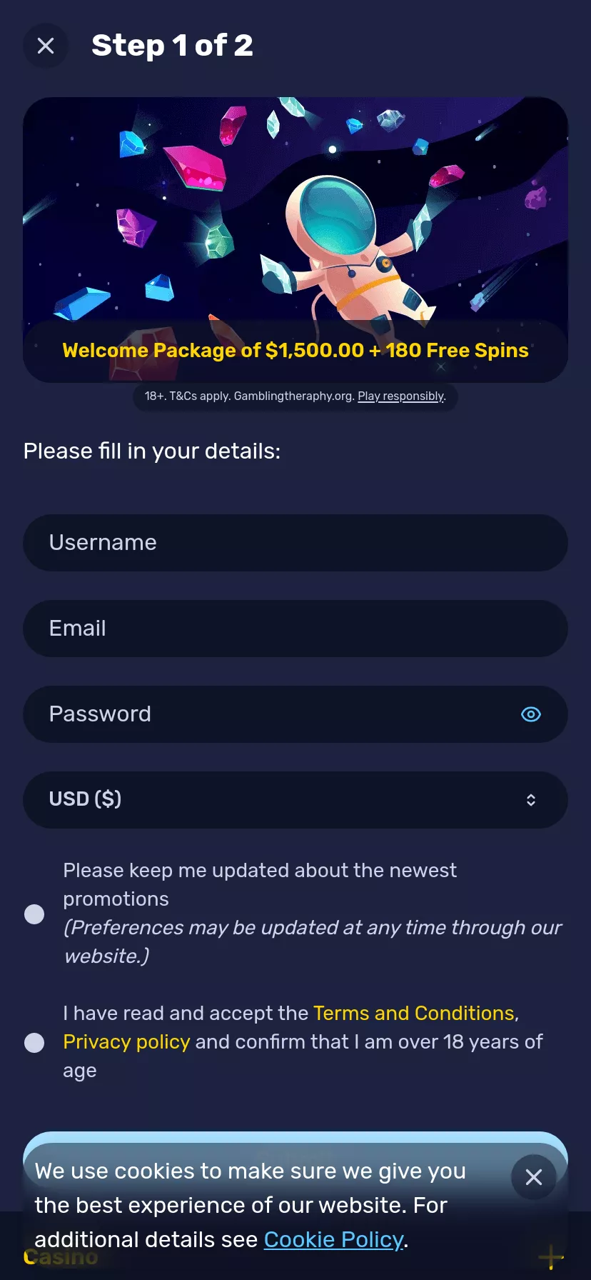 Mobile screen. Galactic Wins Up to $1500 + 180 FS