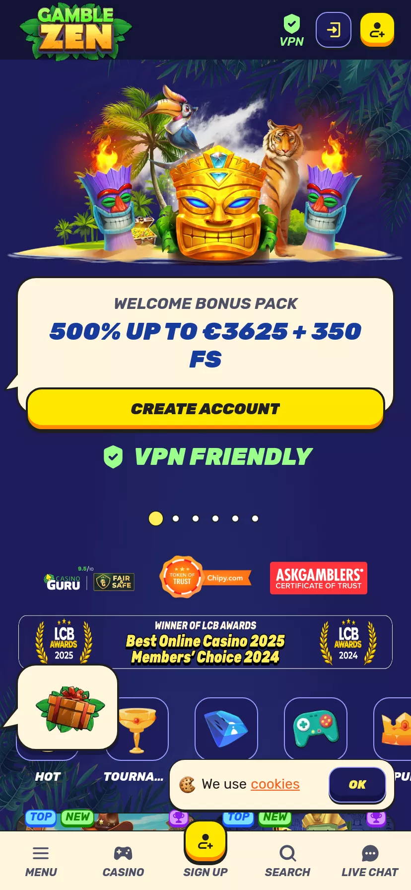 Mobile screen. Gamblezen Casino Up to €2625 + 350 FS