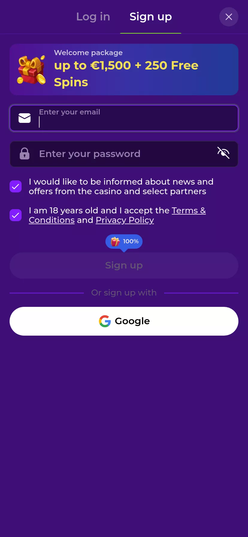 Mobile screen. Gambloria Up to 7500 RON + 250 FS