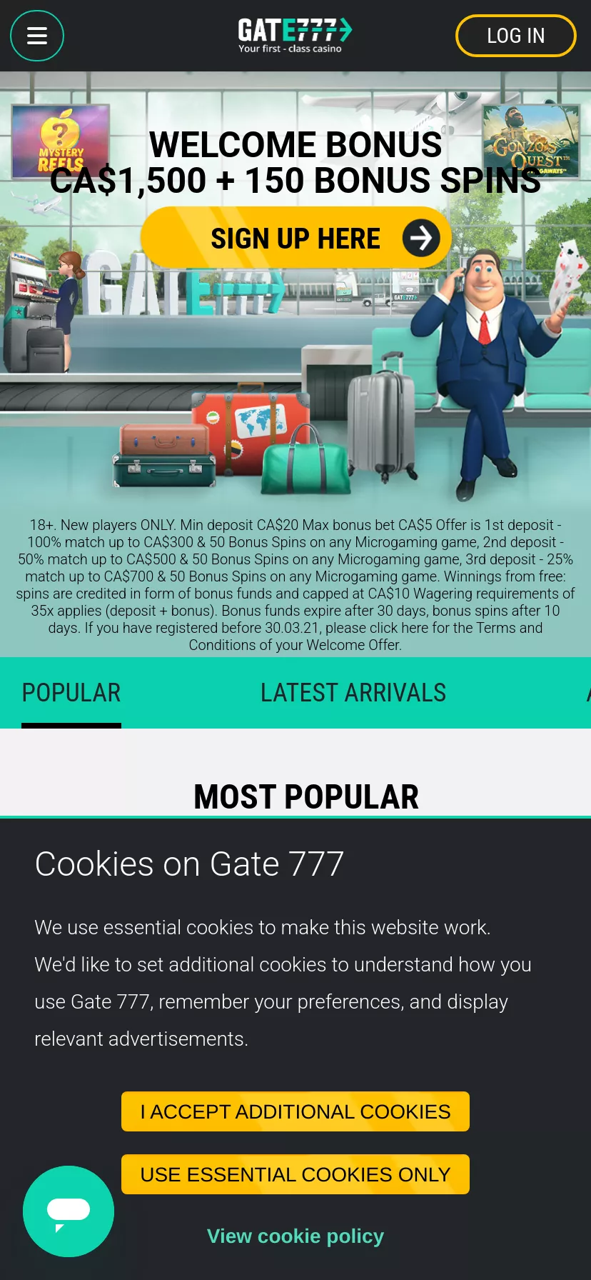 Mobile screen. Gate 777 Up to C$1500 + 150 FS