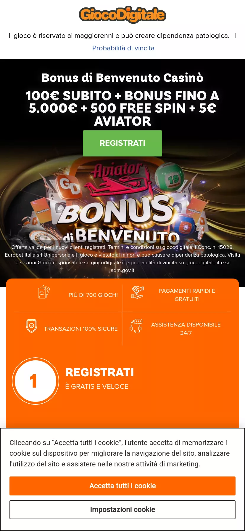 Mobile screen. Gioco Digitale 100% fino a €2000 + 500 FS