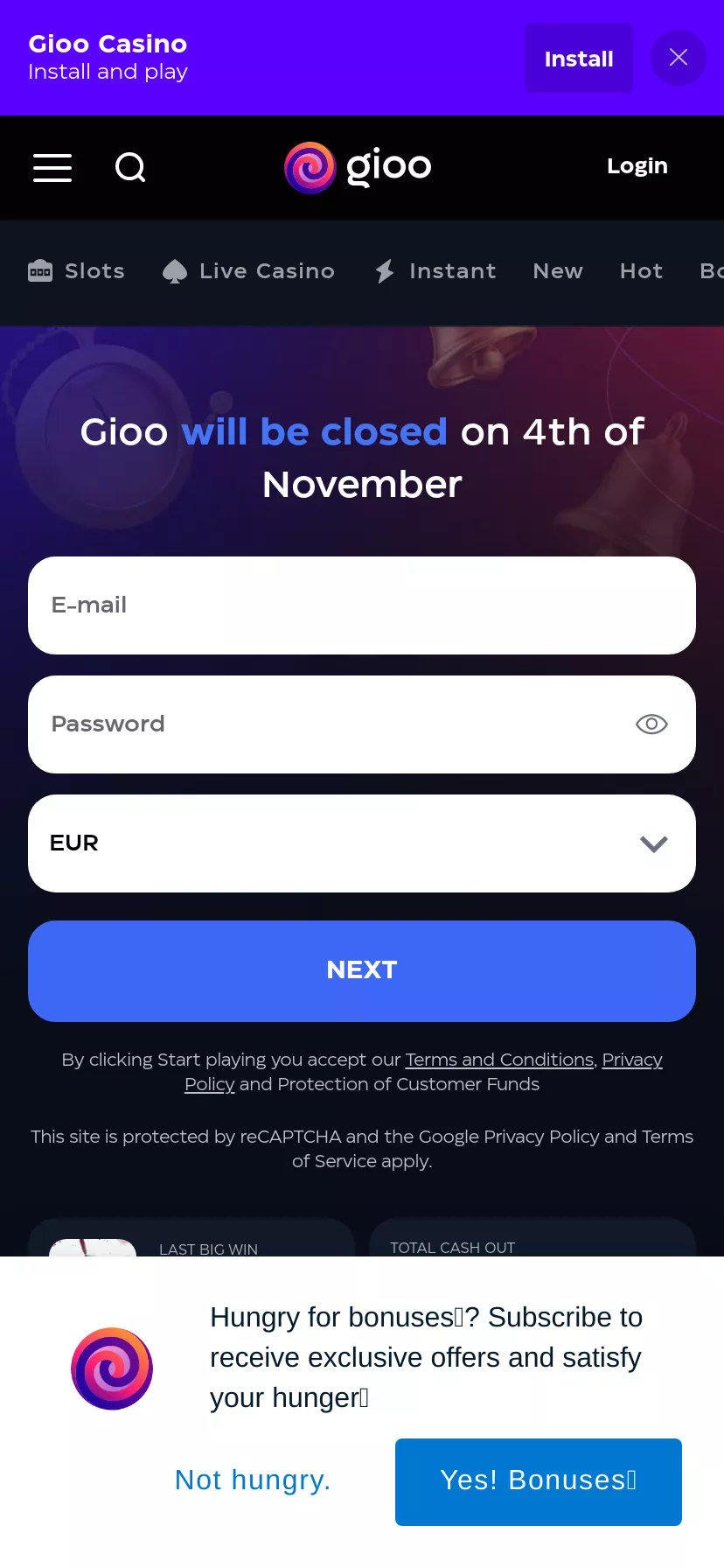 Mobile screen. Gioo Casino Up to $1000 + 250 FS