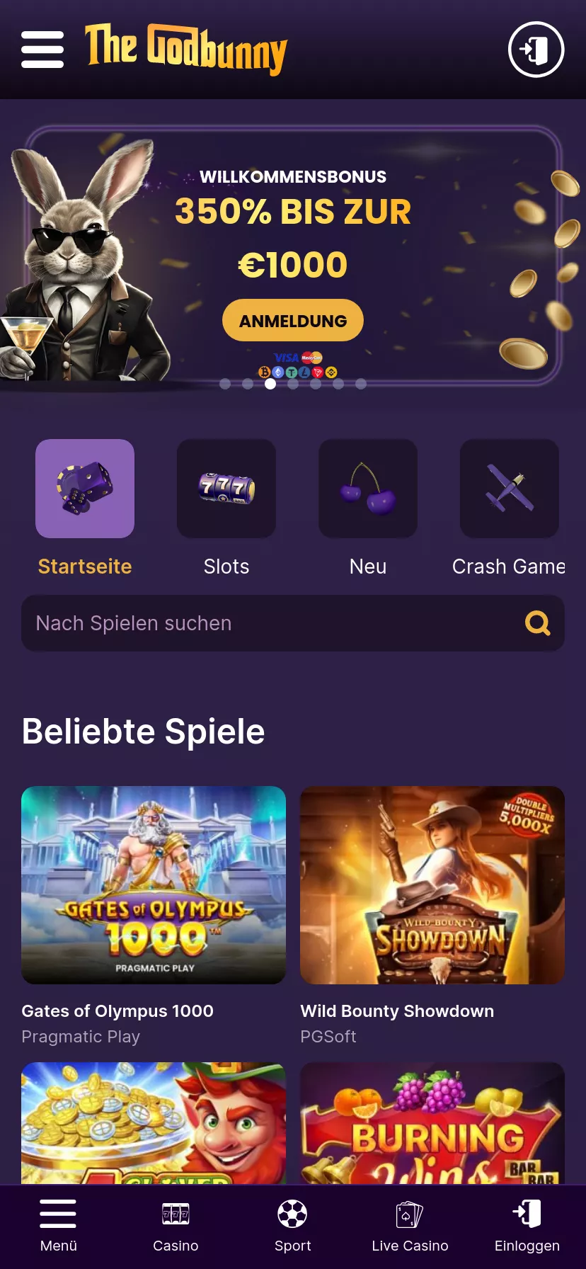 Mobile screen. GodBunny Casino 250% up to $500 + 25 FS