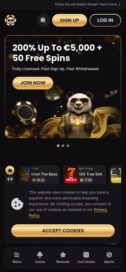 Mobile screen. Golden Panda Casino 200% up to $5000