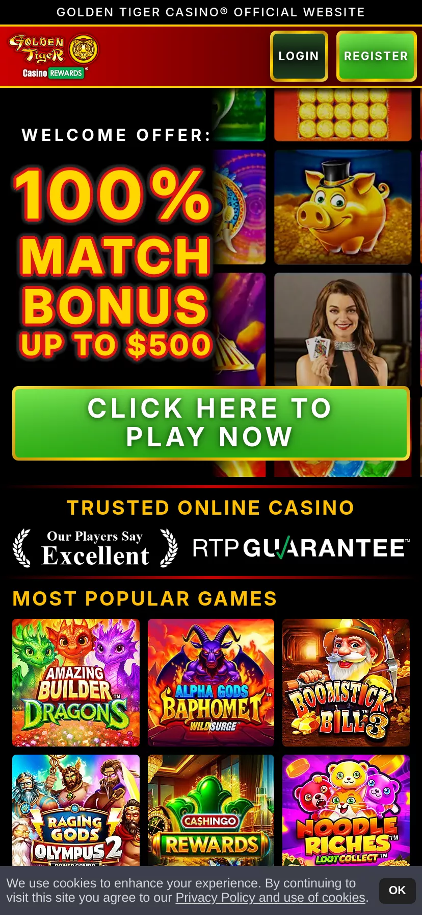 Mobile screen. Golden Tiger Casino Up to $1500