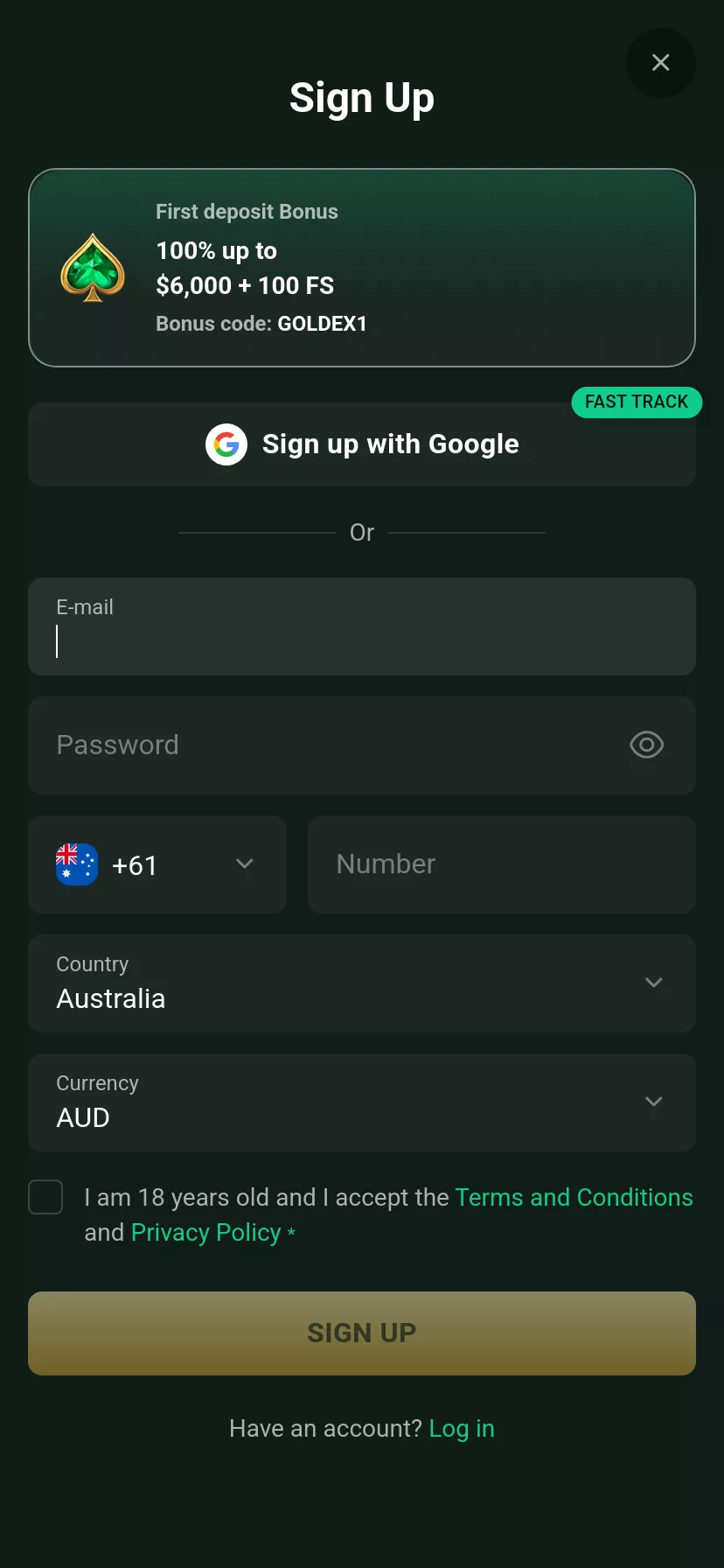 Mobile screen. Goldex Casino Up to $38000 + 500 FS